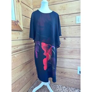 Alison Sheri Floral Overlay Dress Black Chiffon Cape Cocktail Dress Large Women